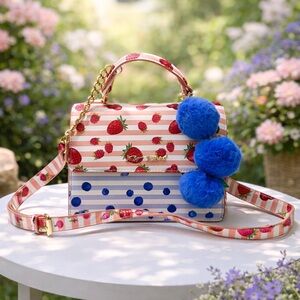 NEW Betsey Johnson Strawberry Crossbody Bag Pink Striped Purse With Pom Poms